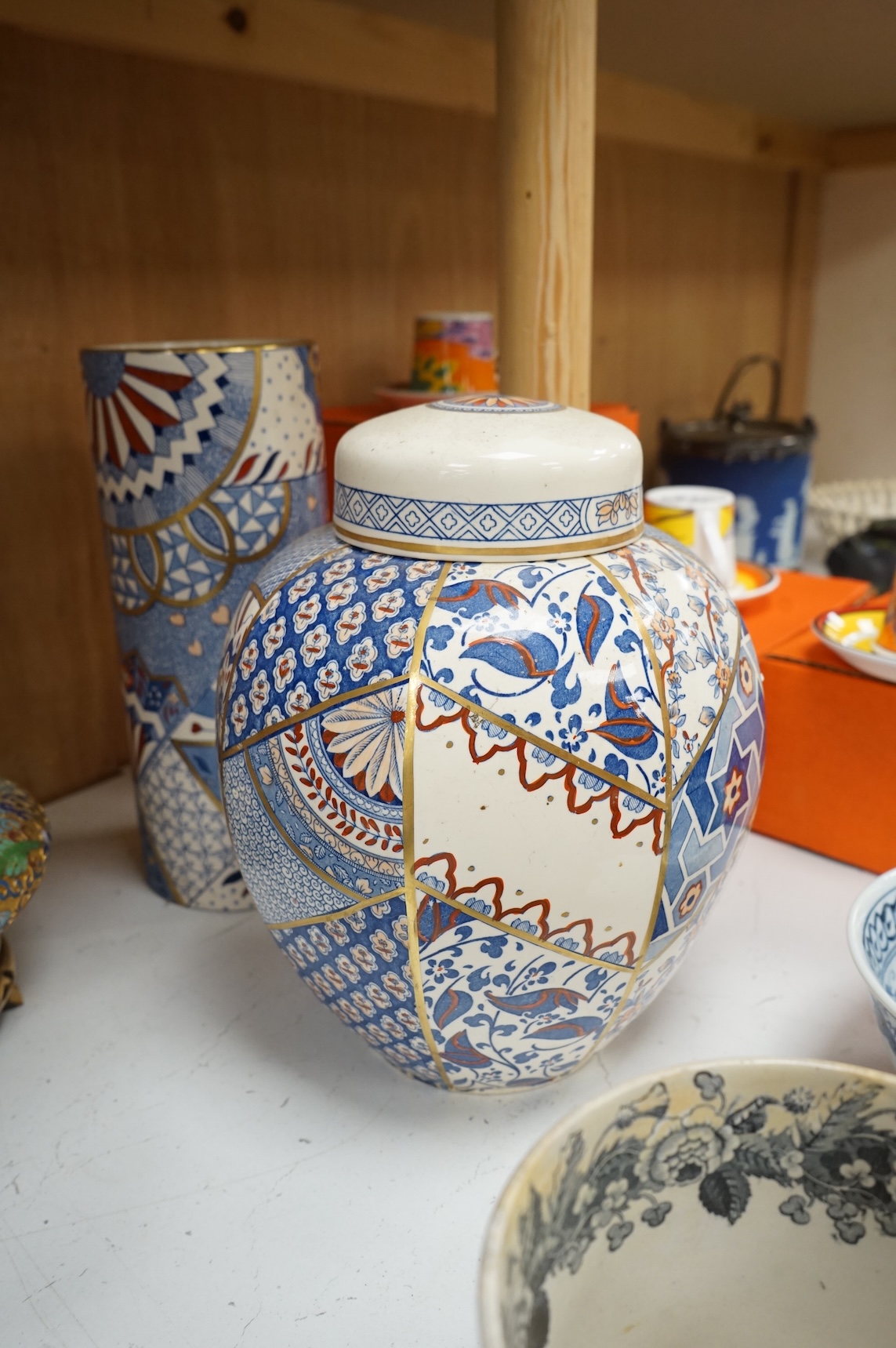Sundry porcelain and objects to include a pair of Chinese cloisonné enamel bowls and covers, pottery twin handled printed cup and Masons vase, largest 26cm high